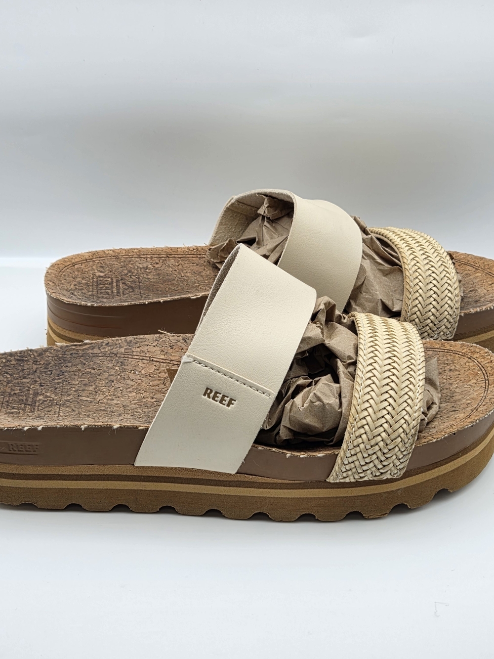 Reef Cushion Vista Hi Slide Sandal Women's Size 9 Vegan Leather Straps Tan Cream - Picture 2 of 8
